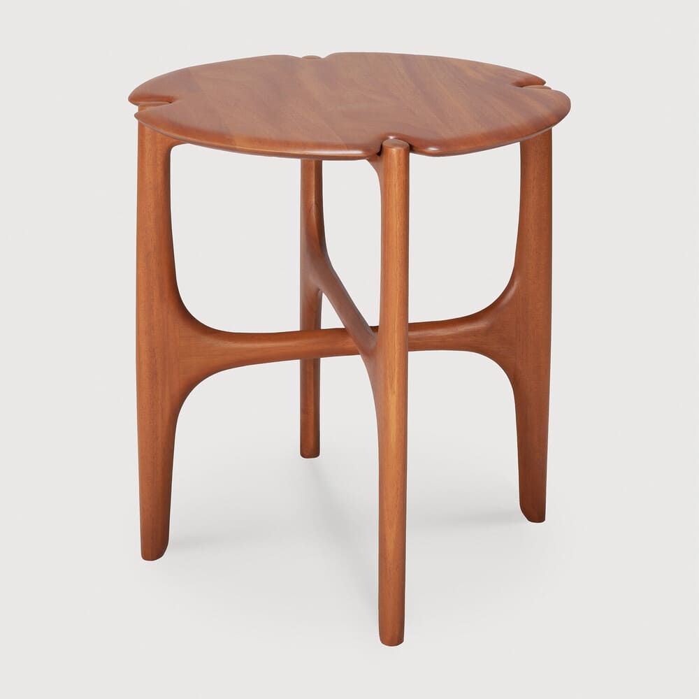 Table basse en bois d'acajou ; table basse d'appoint de la marque Ethnicraft ; petite table basse ronde de diamètre 47cm ; petite table basse pour salon