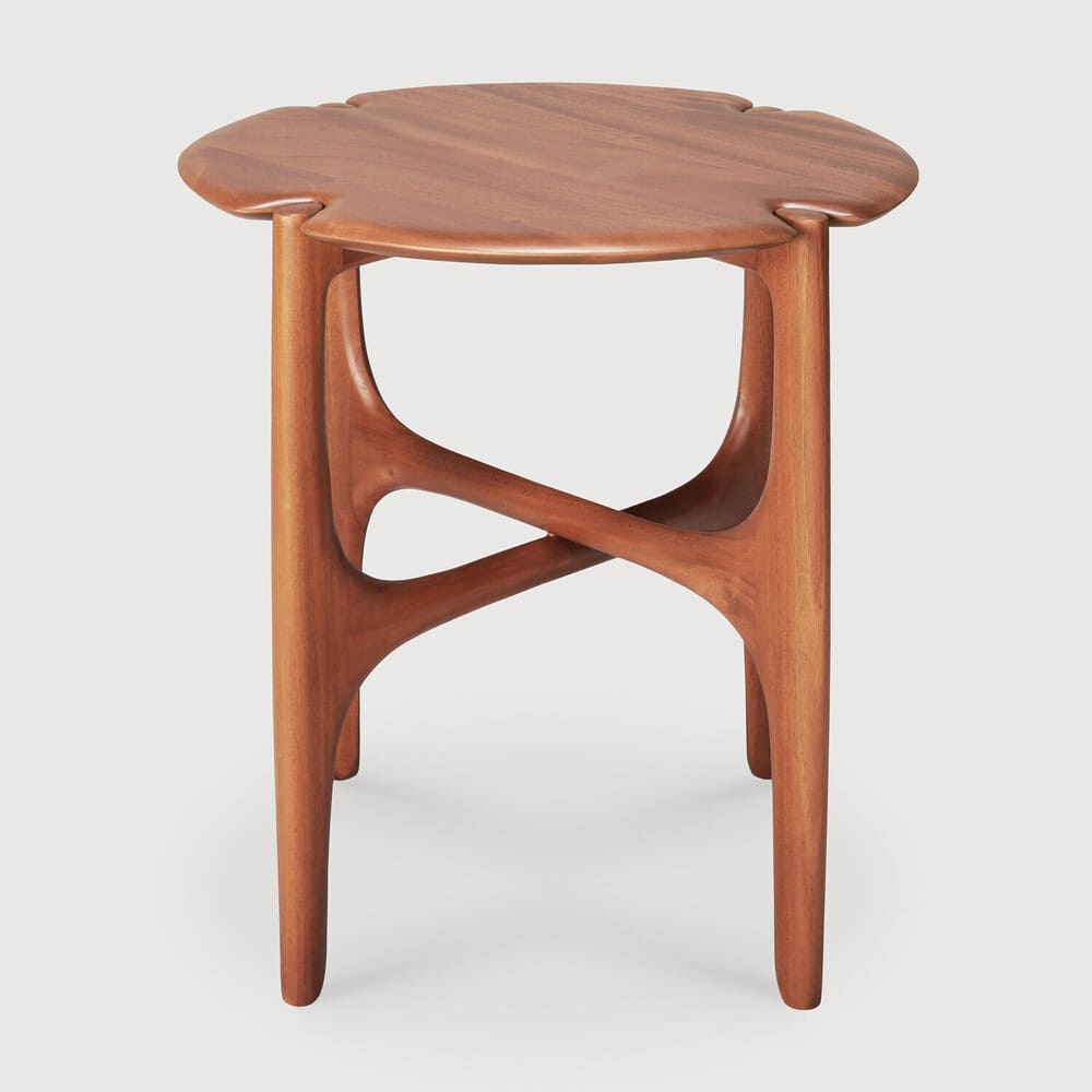 Table basse en bois d'acajou ; table basse d'appoint de la marque Ethnicraft ; petite table basse ronde de diamètre 47cm ; petite table basse pour salon