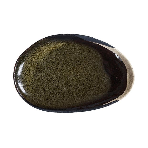 Plat ovale de 24x16cm ; vaisselle en céramique ; couleur seidou contraste entre le kaki et le brun profond ; service de table de la marque Jars.