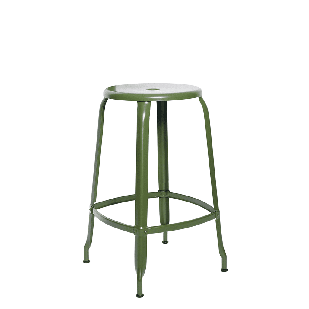 Tabouret haut en métal de la marque Chaises Nicolle, au design intemporel français des années 50'. Modèle 65cm Vert Olive.