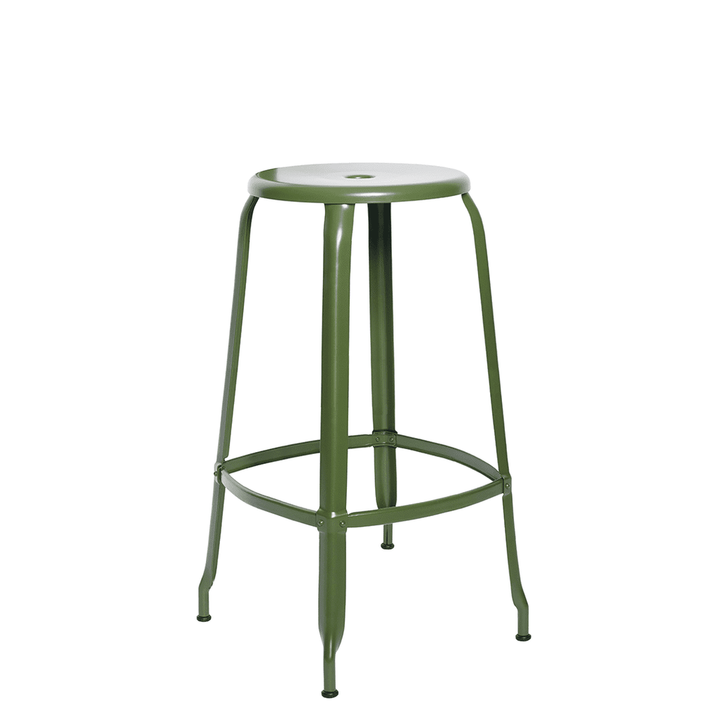 Tabouret haut en métal de la marque Chaises Nicolle, au design intemporel français des années 50'. Modèle 75cm Vert Olive.