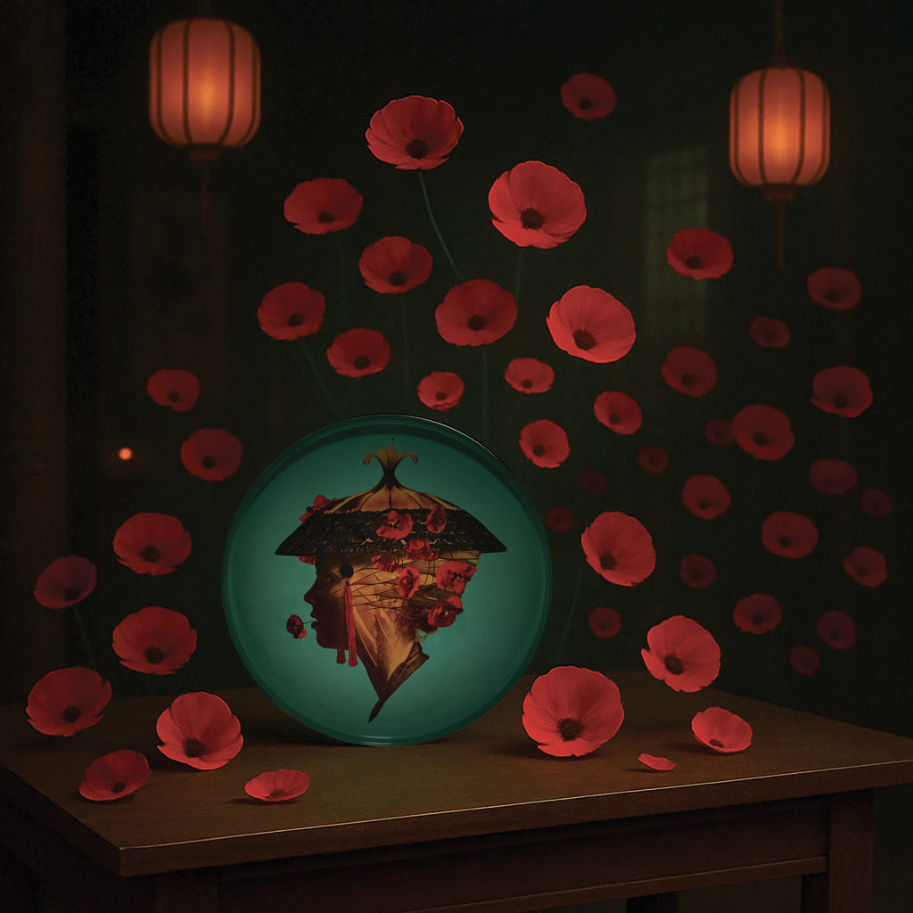 Plateau rond en fer vernis avec graphisme fantasmagorique, humour décalé et jeu de couleurs ! Parfait comme décoration murale, posé sur une table basse ou simplement comment plateau. Fabriqué à la main. Modèle Hana.