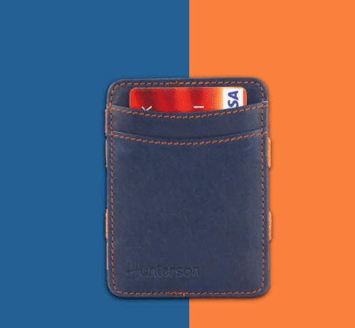Portefeuille magique de la marque Hunterson, en cuir véritable, léger et élégant. Coloris Bleu et Orange.