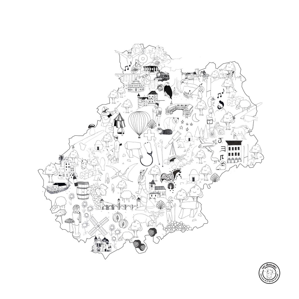 Carte illustré des régions de France, de notre créatrice corrézienne, 70x70 cm. Illustration du Lot.