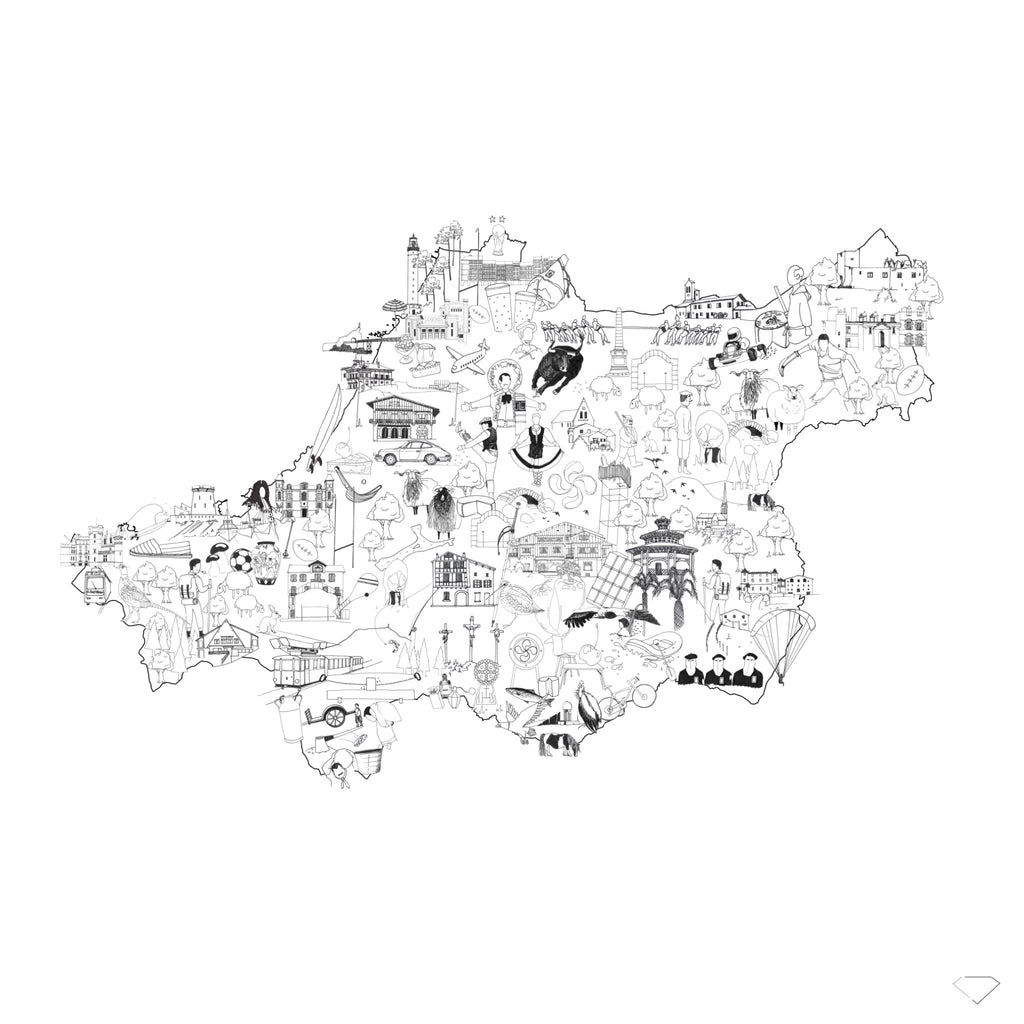 Carte illustré des régions de France, de notre créatrice corrézienne, 70x70 cm. Illustration du Pays Basque.