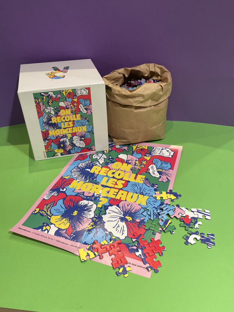 Puzzle on recolle les morceaux de 1000 pièces de la marque Piece & Love, aux couleurs chaudes, fabriqué en France avec des cartons FSC.