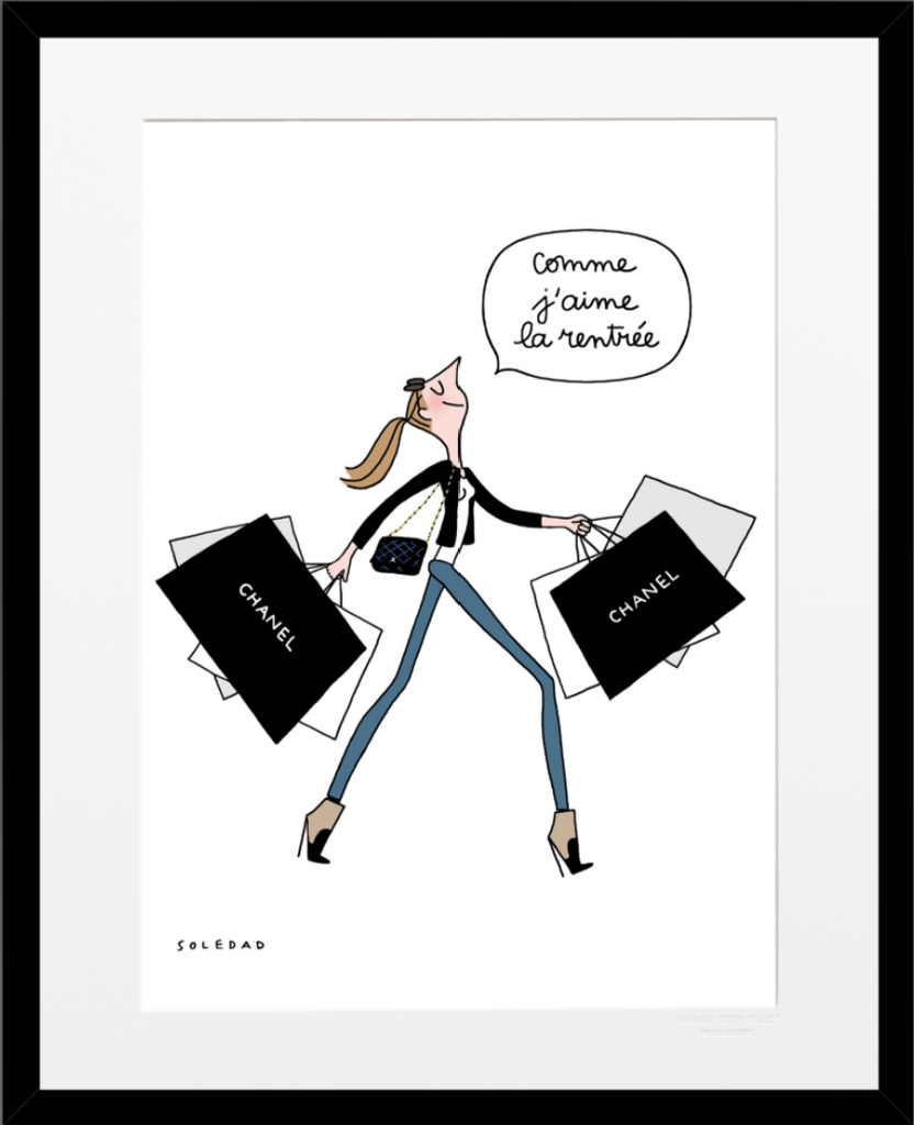 Affiche image republic, collection Soledad les sacs Chanel. Affiche en 30x40 cm avec un passe partout de 5cm. Cadre noir MDF.