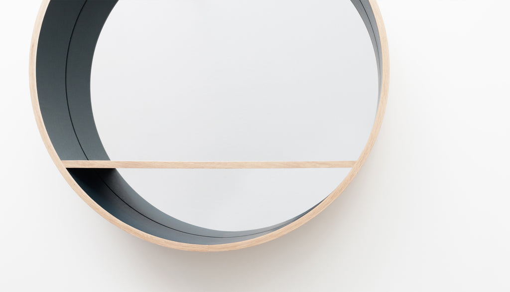 miroir rond avec tablette, console au design épuré, en chêne massif
